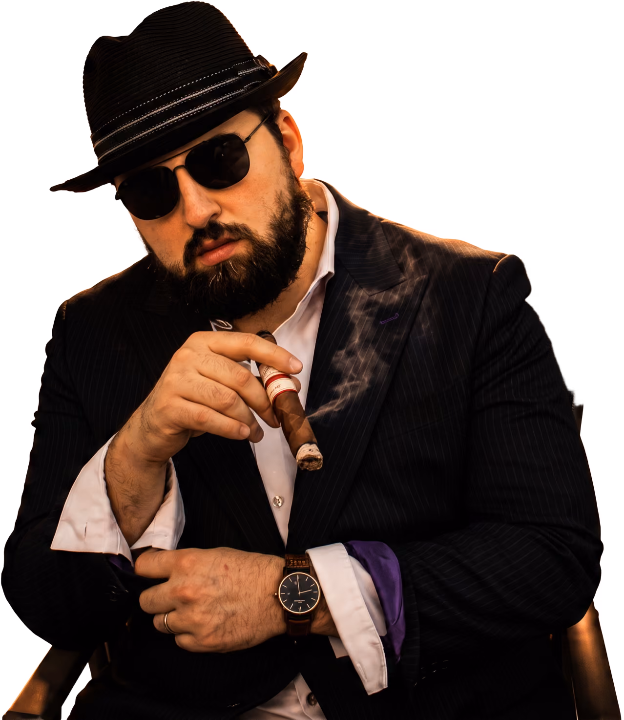 Clo Smooth seated with hat, sunglasses and cigar